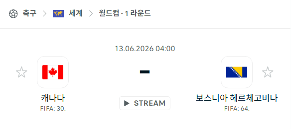 2026 북중미 월드컵 캐나다 vs 보스니아헤르체고비나 경기 분석 및 승부 예측