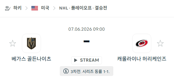 NHL 스탠리컵 파이널 6월7일: 베가스 골든나이츠 vs 캐롤라이나 허리케인스 경기 분석